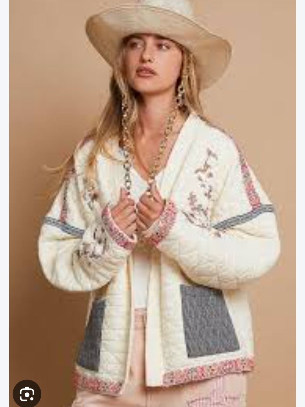 Pol Adeline Embroidered Quilted Jacket In Cream. Size S. Cottagecore Grannychic